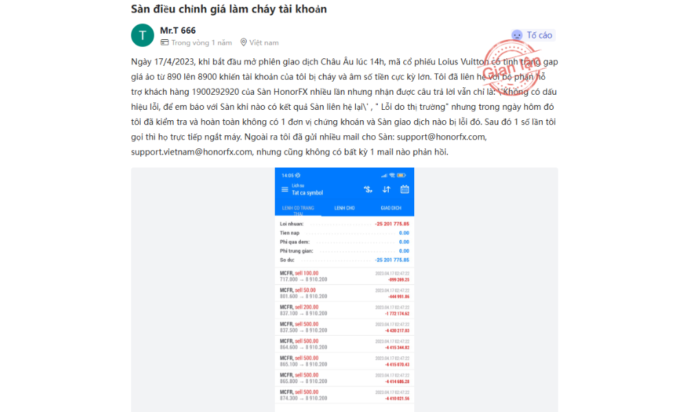 Sàn Honor FX có lừa đảo không? Đánh giá chi tiết sàn Honor FX 2025 3 Khách hàng tố cáo sàn làm cháy tài khoản