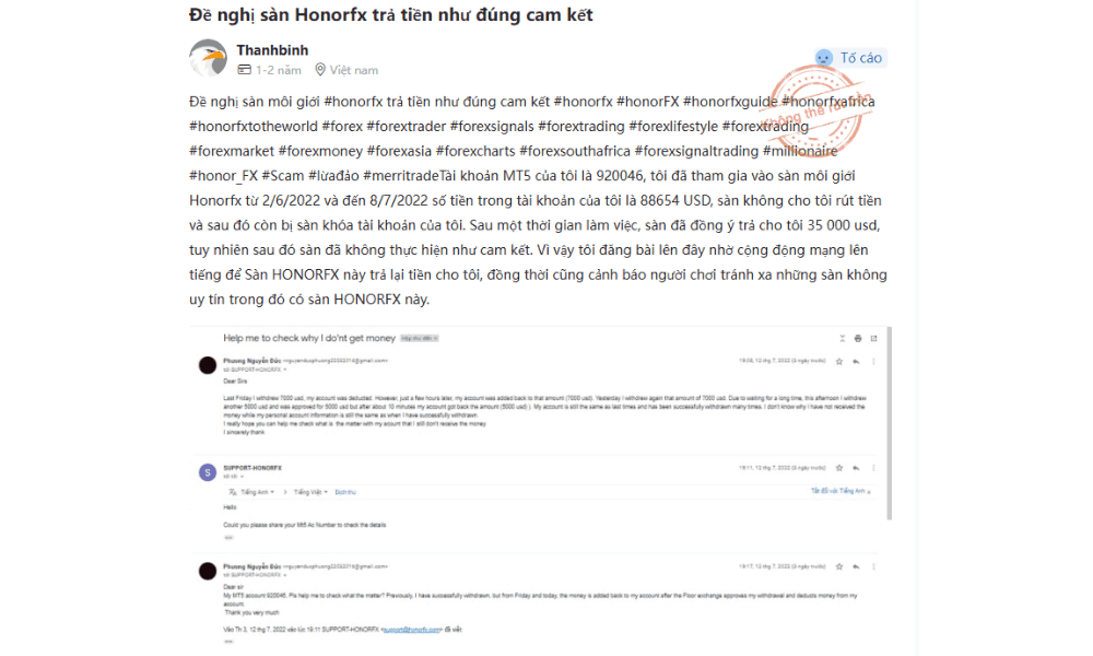 Sàn Honor FX có lừa đảo không? Đánh giá chi tiết sàn Honor FX 2025 4 Khách hàng tố cáo về việc không thể rút tiền