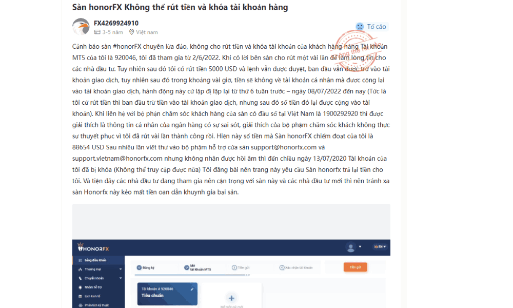 Sàn Honor FX có lừa đảo không? Đánh giá chi tiết sàn Honor FX 2025 5 Khách hàng tố cáo việc bị khóa tài khoản