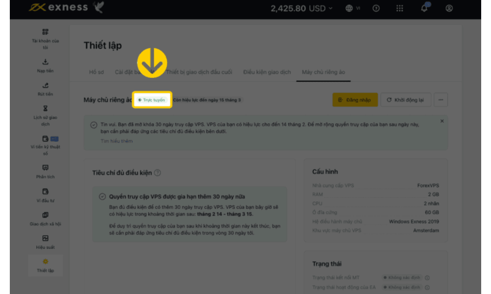 Hướng dẫn cách xử lý khi không thể đăng nhập vào VPS Exness năm 2025 3 Kiểm tra trạng thái VPS