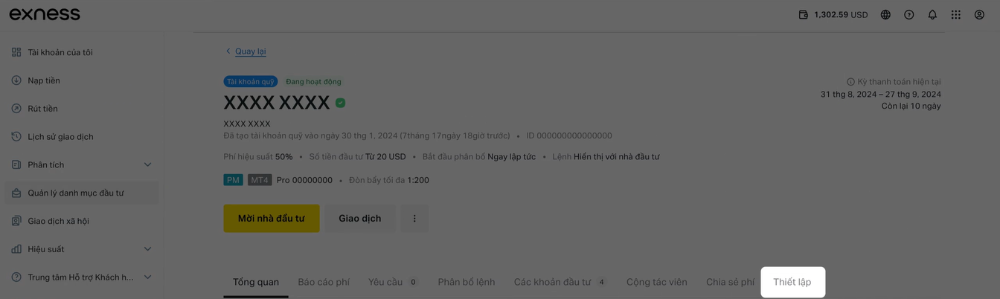 Hướng dẫn chi tiết các bước để thiết lập hạn mức đầu tư sàn Exness 7 Nhấn "Thiết lập" trong Exness