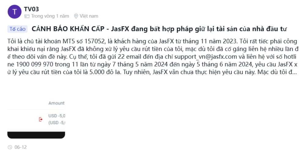 Sàn JASFX có lừa đảo hay không? Đánh giá sàn JASFX mới nhất 2025 4 tố cáo của khách hàng không rút được được tiền