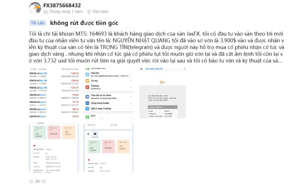 Sàn JASFX có lừa đảo hay không? Đánh giá sàn JASFX mới nhất 2025 3 Tố cáo của khách hàng không thể rút tiền