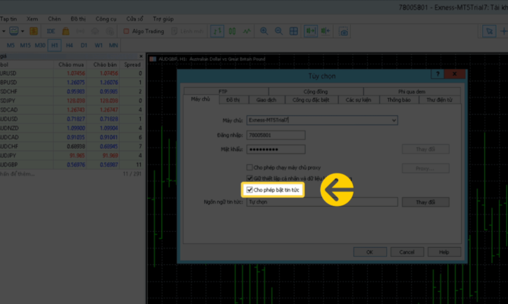 Hướng dẫn cách tăng tốc độ hiệu suất của MetaTrader trên sàn Exness 4 Chọn cho phép bật tin tức