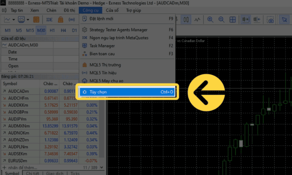 Hướng dẫn cách tăng tốc độ hiệu suất của MetaTrader trên sàn Exness 2 Chọn tùy chọn