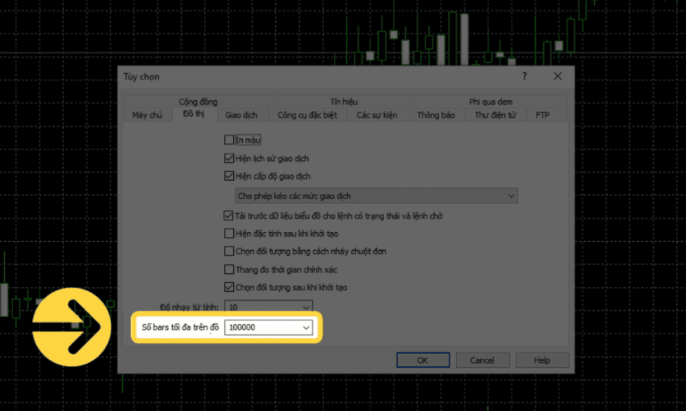 Hướng dẫn cách tăng tốc độ hiệu suất của MetaTrader trên sàn Exness 3 Chọn vào số bars tối đa
