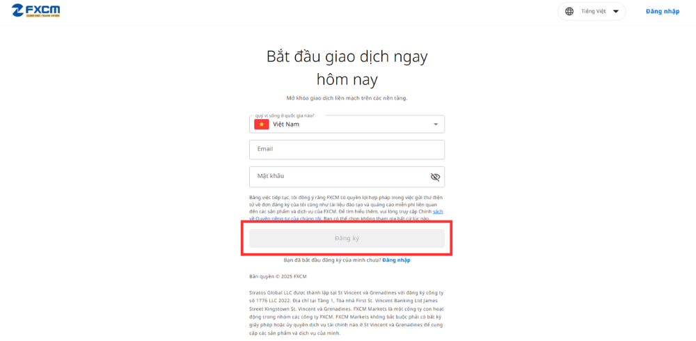 Ấn đăng ký để tiếp tục mở tài khoản