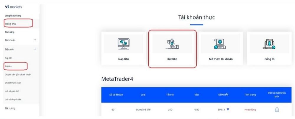 Các bước rút tiền tại sàn VT Markets
