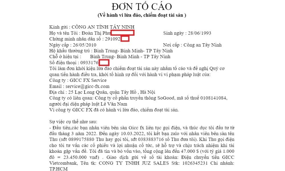 Đơn tố cáo sàn GICC FX