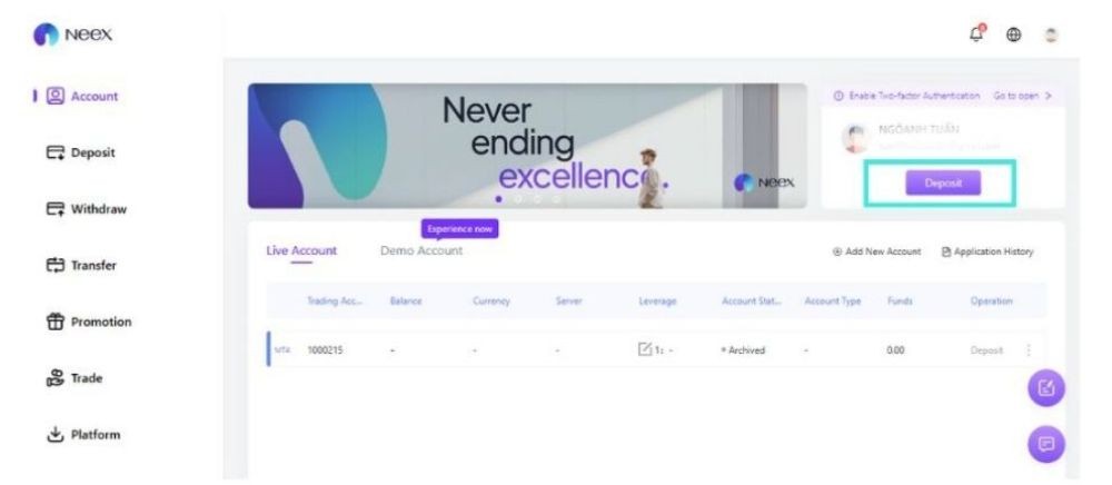Hướng dẫn nạp tiền vào sàn NEEX mới nhất năm 2025 2 Truy cập vào mục nạp tiền