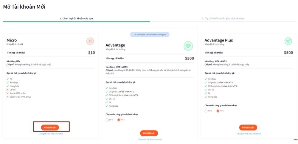 Chọn loại tài khoản giao dịch