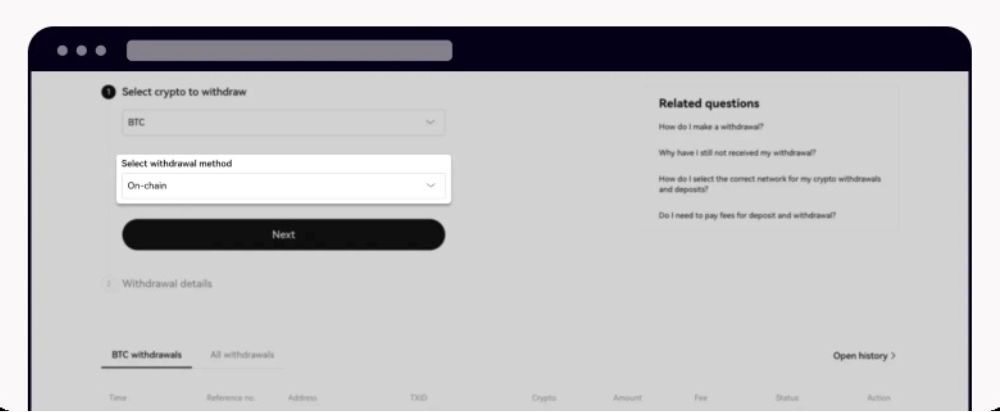 Chọn loại tiền điện tử và phương thức rút tiền