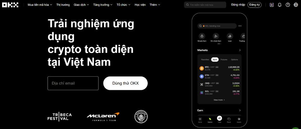 Giao diện trang chủ của sàn OKX
