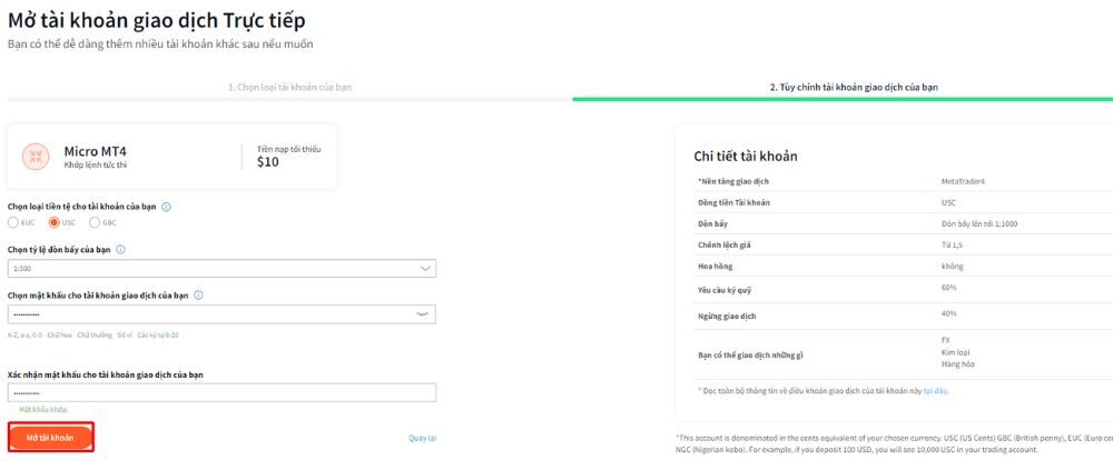 chọn một số thông tin cho tài khoản