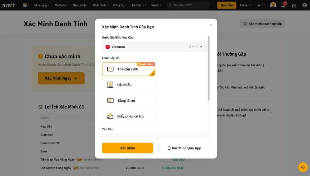 Chọn loại giấy tờ để xác minh danh tính