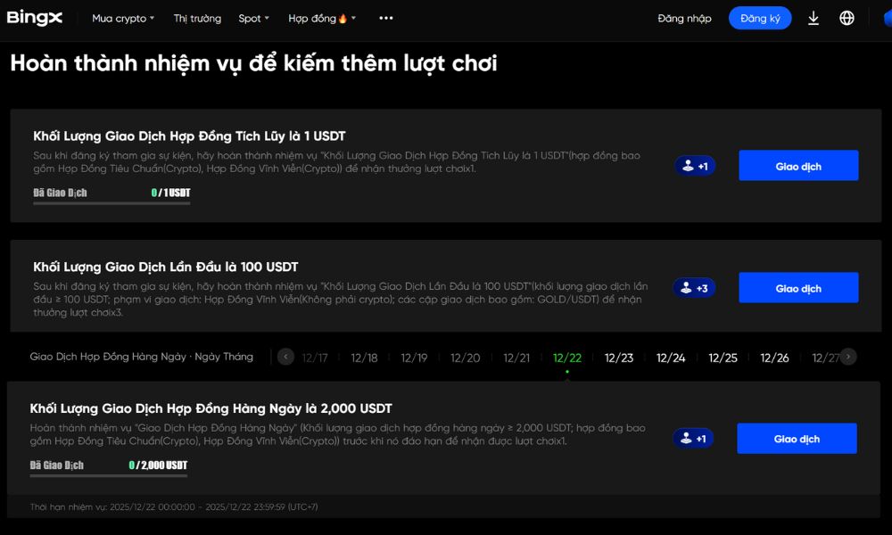 Cách săn 1.000 USDT tại sự kiện Rực Sắc Vàng - Rạng Năm Mới trên BingX 3 Các nhiệm vụ kiếm lượt quay sự kiện Rực Sắc Vàng - Rạng Năm Mới